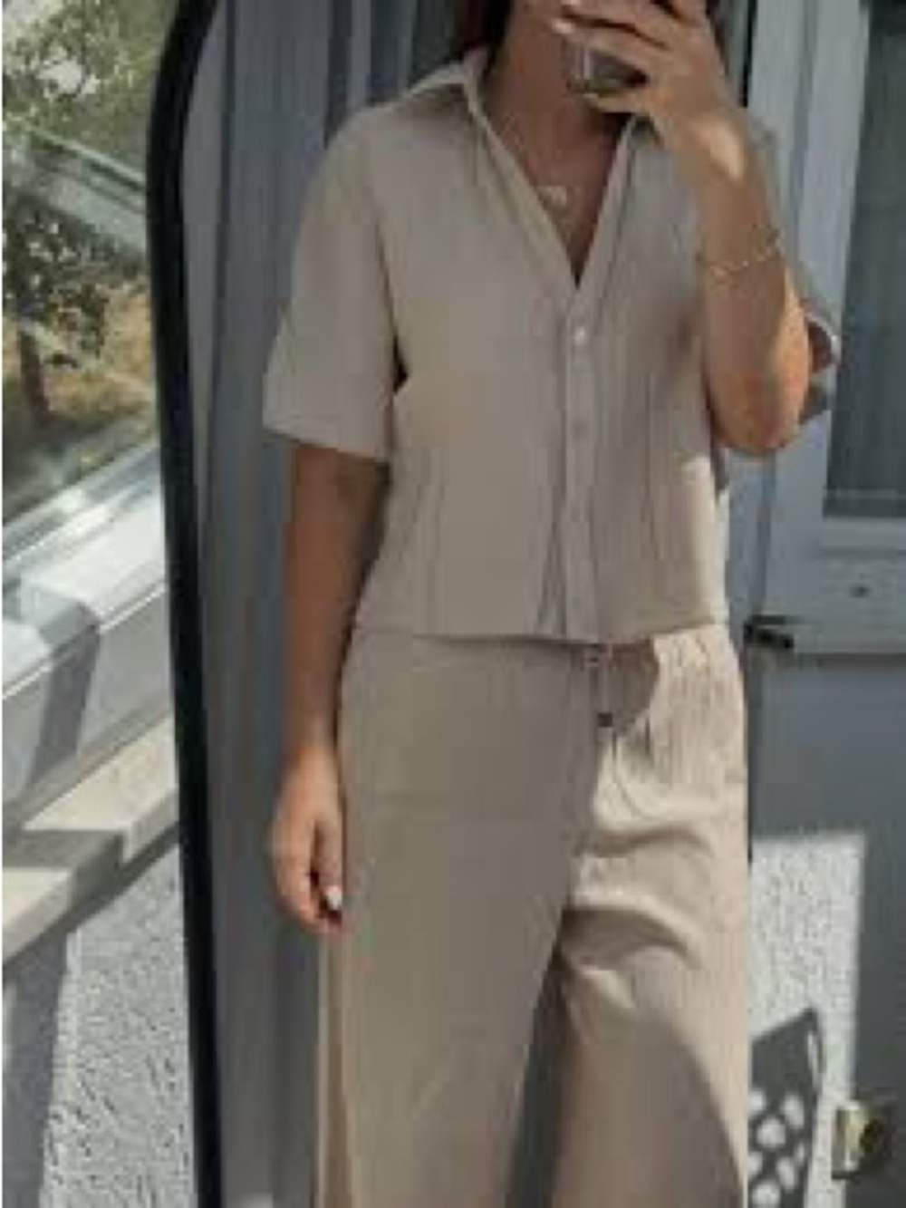 Zara Taupe Matching Pant Set Button Up Short Sleeve Gauzy Flowy Beachy Coord Fun